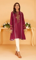 Deep maroon paneled frock with burnt orange embroidery and print and white lace inserts.