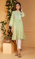 Soft mint green self textured cotton frock with multi color embroidery on yoke and all over the front with mirror work and lace details.