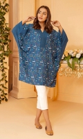Blue batwing shirt with all over embroidery in geometrical pattern and solid blue collar and cuffs.