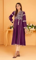 Deep plum multi panel frock with beige embroidery on yoke, with tassel detail, and pleating and lace insert details.