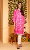 Hot pink slub lawn shirt with over an embroidered front and fabric detailing on hem.