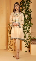 Beige 3 panel A line kurta with folk embroidery on neckline and black emboss print border on hem and sleeves.