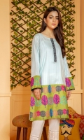Ice blue tarkashi cotton shirt with contrasting olive borders and bold colorful leave pattern embroidery.