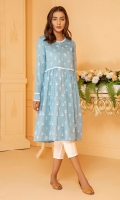 Slub lawn frock in a lovely English blue shade with white print all over and white lace detail.