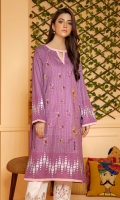 Purple slub lawn shirt with print and embroidery and contrasting pink piping.