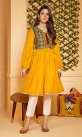 A mustard summer karandi frock with a chintz pattern fully embroidered yoke with maroon tassle, and gathered sleeves.