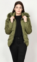 Puffer jacket with lining Long sleeves Hood with detachable faux fur finishing Side pockets Front zip closure Color: Army Green