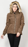 Puffer jacket with faux fur interior Long sleeves with elasticized cuffs Hood with faux fur finishing Side zip pockets Front zip closure Color: Light Brown