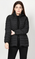 Puffer jacket with lining Long sleeves with elasticized cuffs Hood with draw strings Front pockets Front zip closure Color: Black