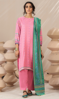 Dupatta: Pearl Printed - 01 Piece Shirt Front: Pearl Printed - 01 Piece Shirt Back: Pearl Printed - 01 Piece Sleeves: Pearl Printed - 01 Pair Trouser: Dyed - 01 Piece 