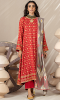 Dupatta: Pearl Printed - 01 Piece Shirt Front: Pearl Printed - 01 Piece Shirt Back: Pearl Printed - 01 Piece Sleeves: Pearl Printed - 01 Pair Trouser: Dyed - 01 Piece 