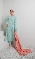 Dupatta: Dyed Emb Lawn - 01 Piece Shirt Front: Dyed Emb Lawn - 01 Piece Shirt Back: Dyed Lawn - 01 Piece Sleeves: Dyed Emb Lawn - 01 Pair Border: EMB - 01 Piece Trouser: Dyed - 01 Piece