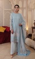 Work: Embroidered  Shirt Front: Emb Cotton Net 01 Piece  Shirt Back: Cotton Net 01 Piece  Sleeves: Emb Cotton Net 01 Pair  Dupatta: Weaved Emb Organza 01 Piece  Trouser: Raw Silk  Border: EMB 01 Pair  Dupatta Border: EMB 01 Pair  Lining: Dyed 01 Piece  Trouser: Dyed Raw Silk 01 Piece