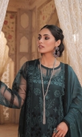 Work: Embroidered  Shirt Front: Emb Organza 01 Piece  Shirt Back: Dyed Organza 01 Piece  Sleeves: Emb Organza 01 Pair Front  Dupatta: Emb Chiffon 01 Piece  Trouser: Raw Silk  Border: EMB 01 Piece  Dupatta Border: Emb 01 Pair  Lining: Dyed 01 Piece  Trouser: Dyed Raw Silk 01 Piece