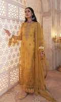 Work: Embroidered  Shirt Front: Emb Net 01 Piece  Shirt Back: Dyed Net 01 Piece  Sleeves: Emb Net 01 Pair  Dupatta: Emb Net 01 Piece  Border: EMB 01 Piece  Lining: Dyed 01 Piece  Trouser: Dyed Raw Silk 01 Piece