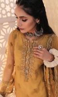 Work: Embroidered  Shirt Front: Emb Net 01 Piece  Shirt Back: Dyed Net 01 Piece  Sleeves: Emb Net 01 Pair  Dupatta: Emb Net 01 Piece  Border: EMB 01 Piece  Lining: Dyed 01 Piece  Trouser: Dyed Raw Silk 01 Piece