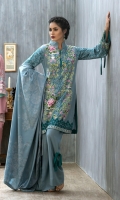 Shirt: Front: Embroidered/Dyed	1.25 Meters Shirt: Back: Embroidered/Dyed	1.25 Meters Dupatta: Printed	2.5 Meters Sleeves: Embroidered/Dyed	1 Pair	 Trouser: Dyed 2.5 Meters Weight: 1.3 kg