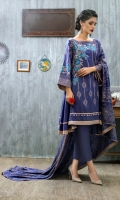 Shirt: Front: Embroidered/Dyed	1.25 Meters Shirt: Back: Embroidered/Dyed	1.25 Meters Dupatta: Printed	2.5 Meters Sleeves: Embroidered/Dyed 1 Pair	 Trouser: Dyed 2.5 Meters	 Weight: 1.3kg
