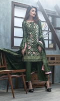 Shirt: Front: Embroidered/Printed	1.25 Meters Shirt: Back: Printed 1.25 Meters Dupatta: Printed 2.5 Meters Sleeves: Printed	1 Pair Trouser: Dyed 2.5 Meters Weight: 1.3 kg