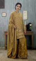 Shirt: Front: Embroidered/Dyed	1.25 Meters	 Shirt: Back: Dyed	1.25 Meters Dupatta: Printed	2.5 Meters Sleeves: Embroidered/Dyed 1 Pair Trouser: Embroidered/Dyed 2.5 Meters Weight: 1.3kg