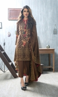 Shirt: Front: Embroidered/Printed	1.25 Meters Shirt: Back: Printed 1.25 Meters Dupatta: Printed	2.5 Meters Sleeves: Embroidered/Printed	1 Pair Trouser: Dyed	2.5 Meters Weight: 1.3 kg