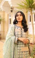 Dupatta: Two-Tone woven fabric - 01 Piece Shirt Front:  Two-Tone Embroidered woven fabric - 01 Piece Shirt Back: Two-Tone woven fabric - 01 Piece Sleeves: Two-Tone woven fabric - 01 Pair Trouser: Dyed Embroidered - 01 Piece Border: Embroidered - 01 Piece