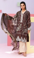 Shirt front: Dyed embroidered 1.25 meters Shirt back: Dyed 1.25 meters Dupatta: Chiffon printed 2.5 meters Sleeves: Dyed embroidered 1-pair Trouser: Dyed 2.5 meters