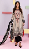 Shirt front: Printed embroidered 1.25 meters Shirt back: Printed 1.25 meters Dupatta: Lawn printed 2.5 meters Sleeves: Printed 1-pair Trouser: Dyed 2.5 meters