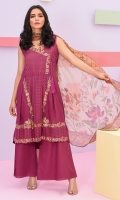 Shirt front: Dyed embroidered 1.25 meters Shirt back: Dyed 1.25 meters Dupatta: Chiffon printed 2.5 meters Sleeves: Dyed embroidered 1-pair Trouser: Dyed 2.5 meters