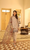 Dupatta: Chiffon Printed 2.5 Meters Shirt Front: Dyed Lawn Emb 1.25 Shirt Back: Dyed Lawn 1.25 Meters Sleeves: Dyed Lawn Emb 1 Pair Trouser: Dyed 2.5 Meters