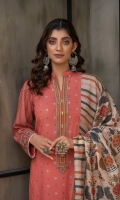Dupatta: Digital printed fancy Woven shawl - 01 Piece Shirt Front: Dyed Embroidered Karandi - 01 Piece Shirt Back: Dyed karandi  - 01 Piece Sleeves: Dyed Embroidered Karandi - 01 Pair Trouser: Dyed - 01 Piece