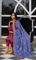 Dupatta: Embroidered woven Shawl - 01 Piece Shirt Front: Pearl printed Embroidered khaddar - 01 Piece Shirt Back: Pearl printed khaddar - 01 Piece Sleeves: Pearl printed khaddar - 01 Pair Border: Embroidered - 01 Piece Trouser: Dyed - 01 Piece
