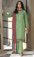 Dupatta: Digital printed fancy Woven shawl - 01 Piece Shirt Front: Dyed Embroidered Karandi - 01 Piece Shirt Back: Dyed karandi - 01 Piece Sleeves: Dyed Embroidered Karandi - 01 Pair Trouser: Dyed - 01 Piece