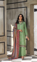 Dupatta: Digital printed fancy Woven shawl - 01 Piece Shirt Front: Dyed Embroidered Karandi - 01 Piece Shirt Back: Dyed karandi - 01 Piece Sleeves: Dyed Embroidered Karandi - 01 Pair Trouser: Dyed - 01 Piece