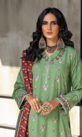 Dupatta: Digital printed fancy Woven shawl - 01 Piece Shirt Front: Dyed Embroidered Karandi - 01 Piece Shirt Back: Dyed karandi - 01 Piece Sleeves: Dyed Embroidered Karandi - 01 Pair Trouser: Dyed - 01 Piece