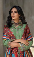 Dupatta: Digital printed fancy Woven shawl - 01 Piece Shirt Front: Dyed Embroidered Karandi - 01 Piece Shirt Back: Dyed karandi - 01 Piece Sleeves: Dyed Embroidered Karandi - 01 Pair Trouser: Dyed - 01 Piece