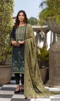 Dupatta: Embroidered woven Shawl - 01 Piece Shirt Front: Pearl printed Embroidered khaddar - 01 Piece Shirt Back: Pearl printed khaddar - 01 Piece Sleeves: Pearl printed khaddar - 01 Pair Trouser: Dyed - 01 Piece