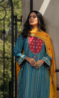 Dupatta: Embroidered woven Shawl - 01 Piece Shirt Front: Pearl printed khaddar - 01 Piece Shirt Back: Pearl printed khaddar - 01 Piece Sleeves: Pearl printed khaddar - 01 Pair Border: Embroidered - 01 Piece Neck Line: Embroidered - 01 Piece Shawl border:  Embroidered - 01 Pair Trouser: Dyed - 01 Piece