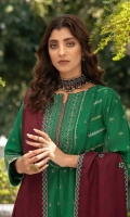Dupatta: Embroidered woven Shawl - 01 Piece Shirt Front: Pearl printed Embroidered khaddar - 01 Piece Shirt Back: Pearl printed khaddar - 01 Piece Sleeves: Pearl printed khaddar - 01 Pair Border: Embroidered - 01 Piece  Trouser: Dyed - 01 Piece