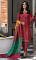 Dupatta: Digital printed fancy Woven shawl - 01 Piece Shirt Front: Dyed Embroidered Karandi - 01 Piece Shirt Back: Dyed karandi  - 01 Piece Sleeves: Dyed Embroidered Karandi - 01 Pair Trouser: Dyed - 01 Piece