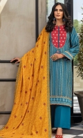 Dupatta: Embroidered woven Shawl - 01 Piece Shirt Front: Pearl printed khaddar - 01 Piece Shirt Back: Pearl printed khaddar - 01 Piece Sleeves: Pearl printed khaddar - 01 Pair Border: Embroidered - 01 Piece Neck Line: Embroidered - 01 Piece Shawl border:  Embroidered - 01 Pair Trouser: Dyed - 01 Piece