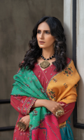 Dupatta: Digital printed fancy Woven shawl - 01 Piece Shirt Front: Dyed Embroidered Karandi - 01 Piece Shirt Back: Dyed karandi  - 01 Piece Sleeves: Dyed Embroidered Karandi - 01 Pair Trouser: Dyed - 01 Piece