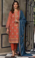 Dupatta: Embroidered woven Shawl - 01 Piece Shirt Front: Pearl printed Embroidered khaddar - 01 Piece Shirt Back:  Pearl printed khaddar - 01 Piece Sleeves: Pearl printed khaddar - 01 Pair Trouser: Dyed - 01 Piece