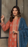 Dupatta: Embroidered woven Shawl - 01 Piece Shirt Front: Pearl printed Embroidered khaddar - 01 Piece Shirt Back:  Pearl printed khaddar - 01 Piece Sleeves: Pearl printed khaddar - 01 Pair Trouser: Dyed - 01 Piece