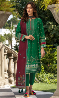 Dupatta: Embroidered woven Shawl - 01 Piece Shirt Front: Pearl printed Embroidered khaddar - 01 Piece Shirt Back: Pearl printed khaddar - 01 Piece Sleeves: Pearl printed khaddar - 01 Pair Border: Embroidered - 01 Piece  Trouser: Dyed - 01 Piece