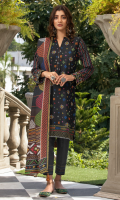 Dupatta: Digital printed fancy Woven shawl - 01 Piece Shirt Front: Dyed Embroidered Karandi - 01 Piece Shirt Back: Dyed karandi  - 01 Piece Sleeves: Dyed Embroidered Karandi - 01 Pair Trouser: Dyed - 01 Piece