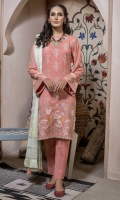 Dupatta: Fancy woven shawl - 01 Piece Shirt Front: Fancy Slub Peach Embroidered - 01 Piece Shirt Back: Fancy Slub Peach - 01 Piece Sleeves: Fancy Slub Peach Embroidered - 01 Pair Trouser: Dyed - 01 Piece