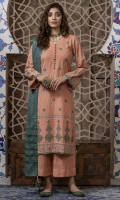 Dupatta: Fancy woven shawl - 01 Piece Shirt Front: Fancy Slub Peach Embroidered - 01 Piece Shirt Back: Fancy Slub Peach - 01 Piece Sleeves: Fancy Slub Peach Embroidered - 01 Pair Trouser: Dyed - 01 Piece