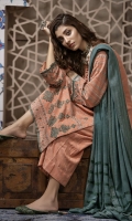 Dupatta: Fancy woven shawl - 01 Piece Shirt Front: Fancy Slub Peach Embroidered - 01 Piece Shirt Back: Fancy Slub Peach - 01 Piece Sleeves: Fancy Slub Peach Embroidered - 01 Pair Trouser: Dyed - 01 Piece