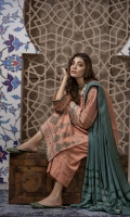 Dupatta: Fancy woven shawl - 01 Piece Shirt Front: Fancy Slub Peach Embroidered - 01 Piece Shirt Back: Fancy Slub Peach - 01 Piece Sleeves: Fancy Slub Peach Embroidered - 01 Pair Trouser: Dyed - 01 Piece